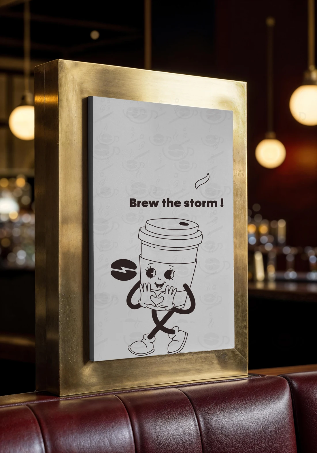 A “Brew the storm!” poster with the RA’AD cup mascot, in a brass frame inside the café