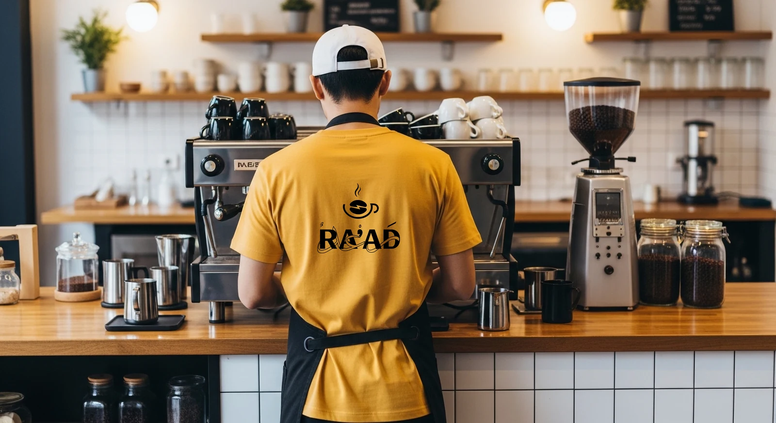 A barista in a yellow RA’AD T-shirt and cap working the espresso machine at the coffee bar